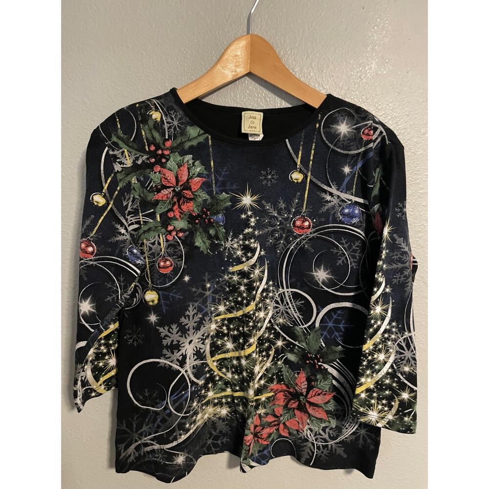 Jess & Jane T Shirt Women Large Black Christmas Joy Magic Poinsettia Holiday Usa